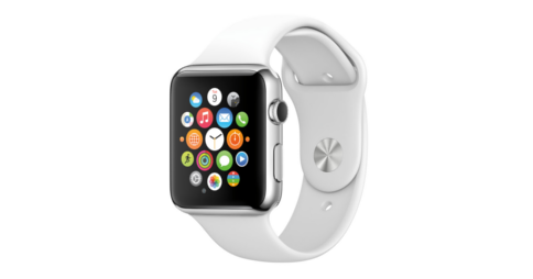 Apple Watch with sport band. App icons displayed on screen