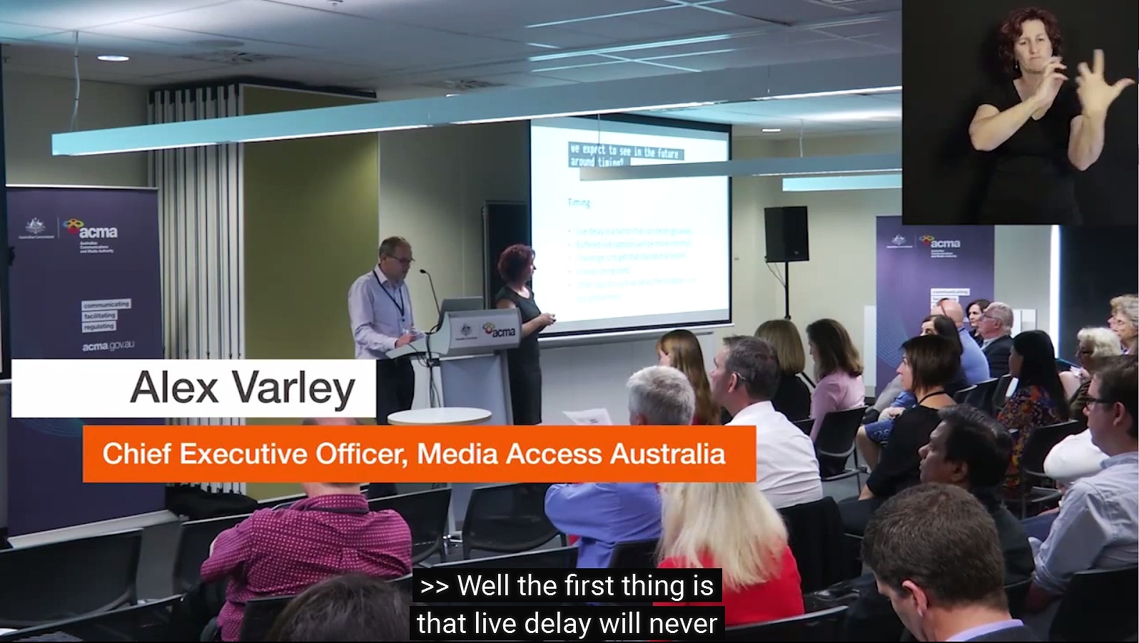 Alex Varley, Chief Executive Officer, Media Access Australia presenting at the ACMA Citizen Conversation on live captioning. Image credit: Highlights from ‘Live captioning: let’s talk’, part of the Citizen Conversation series