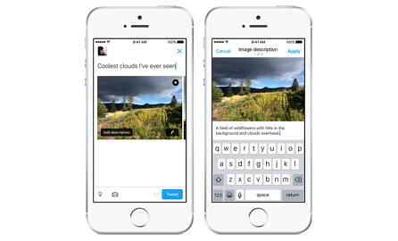 Two screen shots of the composer for Twitter on iOS. The first showing the new "Add description" button overlayed on an image thumbnail in the composer, and the second showing the composition of alt text for an image. Image credit: Twitter