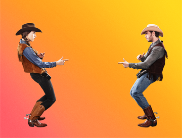 A cowgirl and a cowboy point fingers at each other