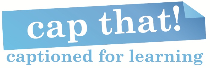 CAP THAT! logo a blue strip with folded edge and the tagline 'captioned for learning'
