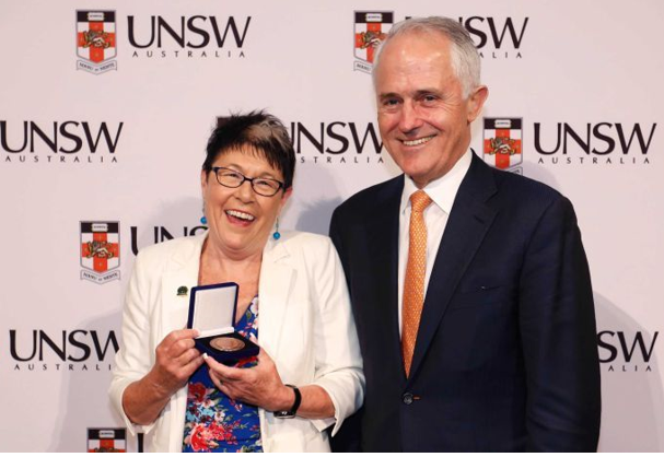 Kim Ryan with her 2016 award and PM Malcolm Turnbull