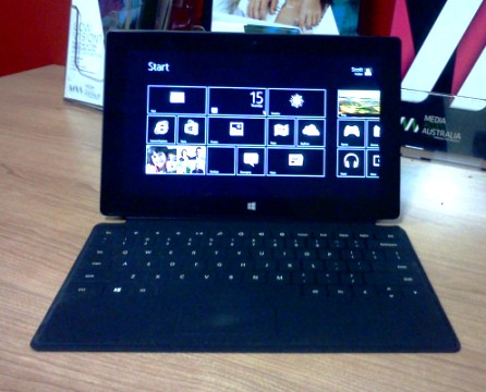 The Surface with the Touch cover connected and a high contrast colour scheme enabled.