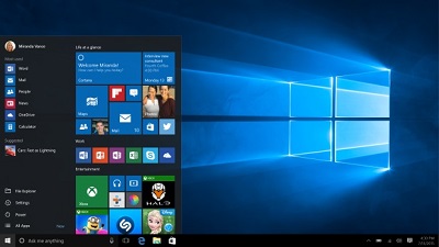 Windows 10 default desktop with the Start menu expanded