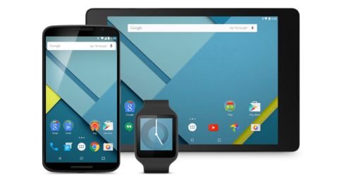Graphic of a smartphone, smartwatch and tablet device running Android 5.0 Lollipop