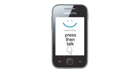 Real Thing's RealSAM with 'press then talk' text on screen