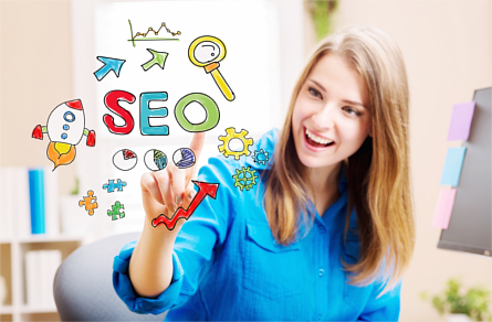Woman pressing floating 'SEO' text surrounded by hand-drawn icons