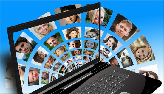 Image of pictures of people coming out of a laptop