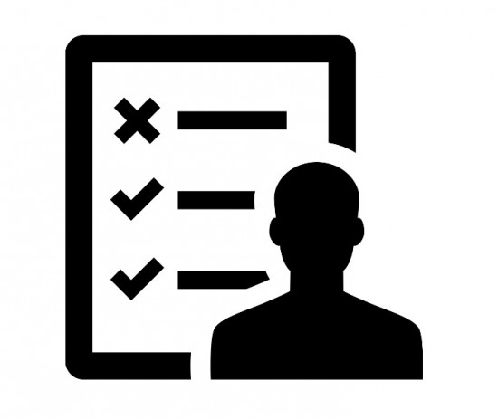 Outline of a man over a report card with one cross and two ticks