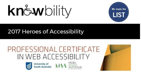Listed by Knowbility as one of the 2017 Heroes of Accessibility for the PCWA course
